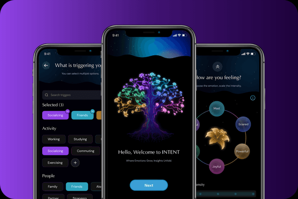 Intent Mobile App interface showing emotion logging.